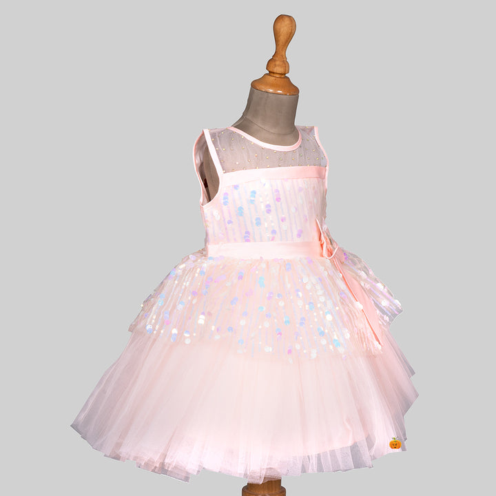 Peach Sequin Net Frock for Girls Side 