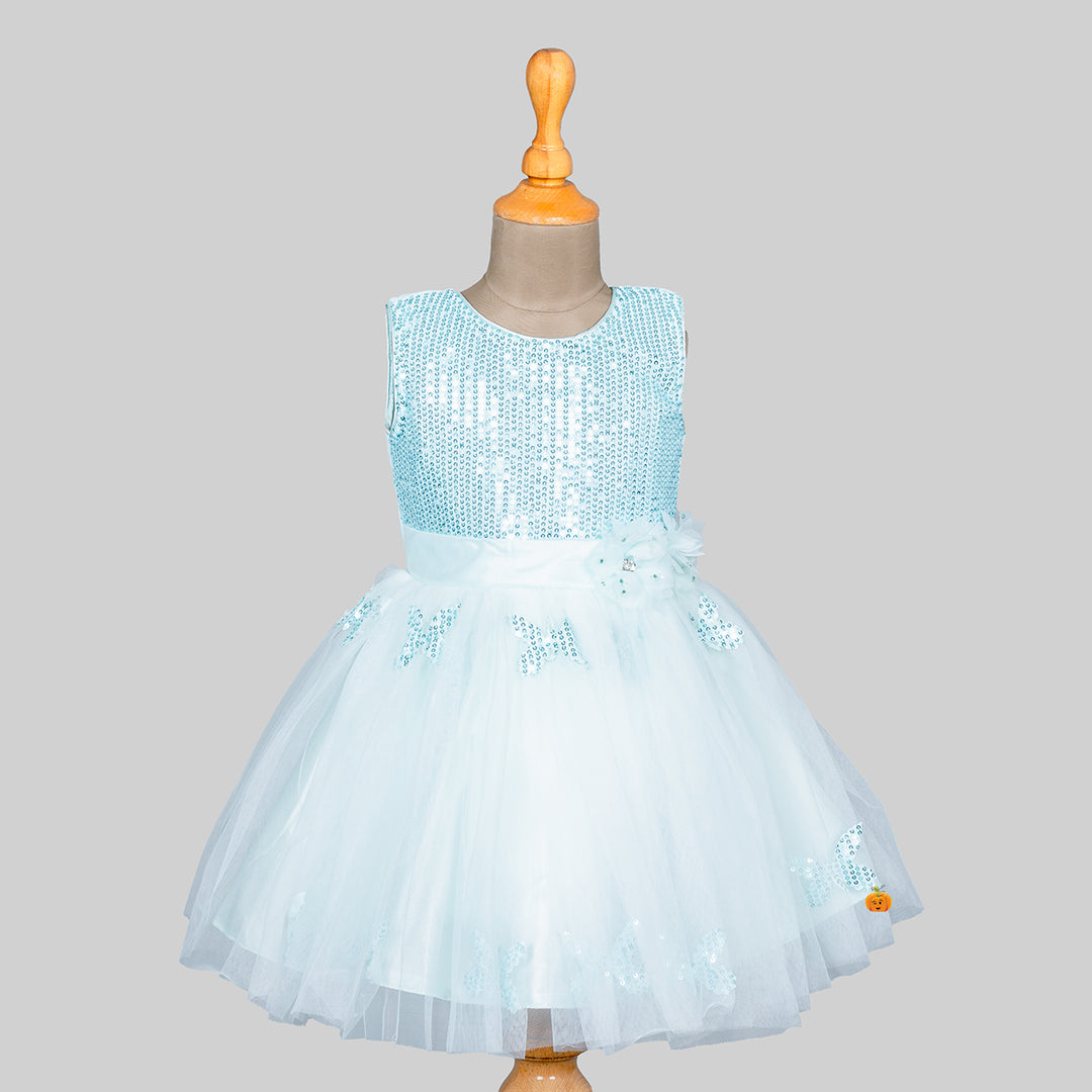 Turquoise Sequin Frock for Girls Front 