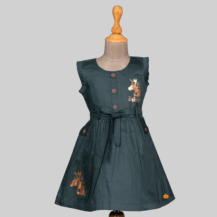 Dark Green Unicorn Frock for Girls Front 