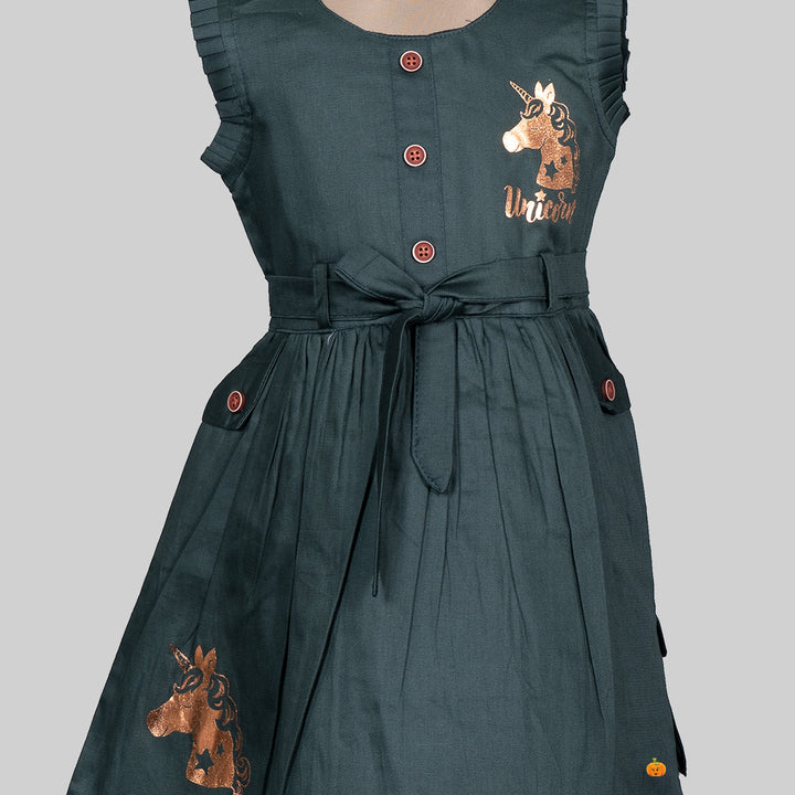 Dark Green Unicorn Frock for Girls Close Up 