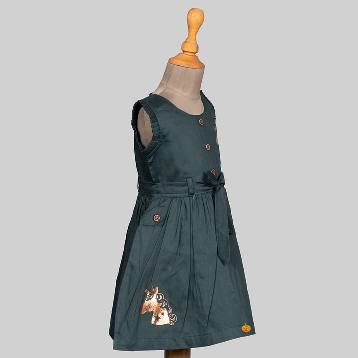Dark Green Unicorn Frock for Girls Side 
