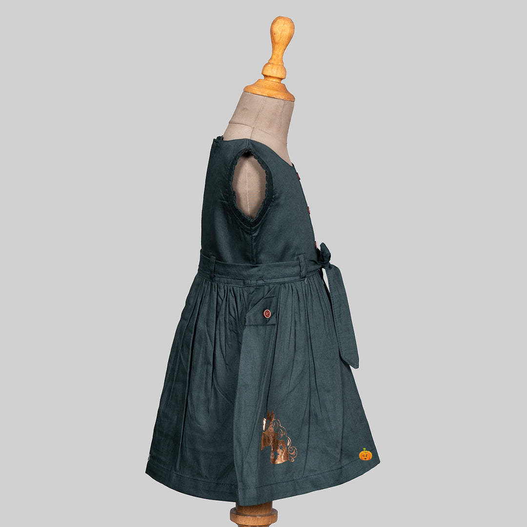 Dark Green Unicorn Frock for Girls Side 
