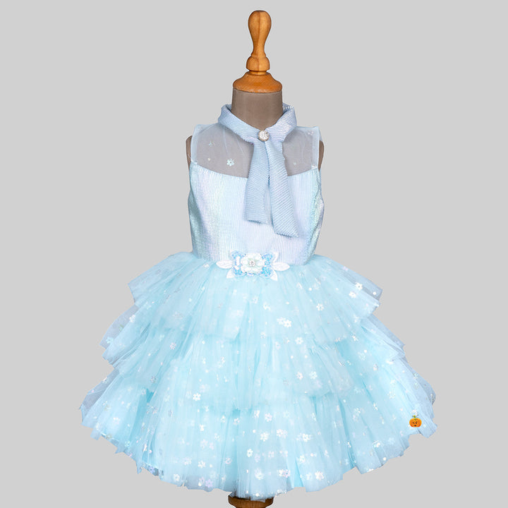Blue Layered Floral Net Girls Frock Front 