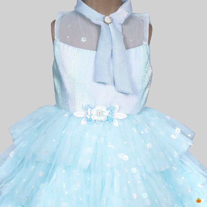Blue Layered Floral Net Girls Frock Close Up 