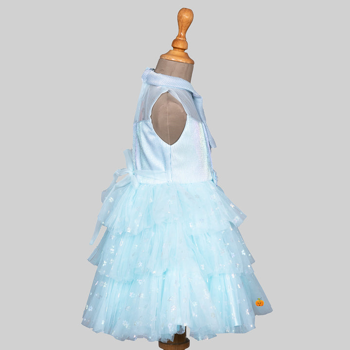 Blue Layered Floral Net Girls Frock Side 