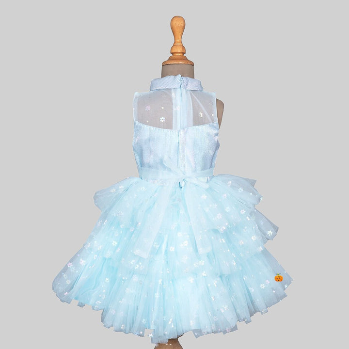 Blue Layered Floral Net Girls Frock Back 
