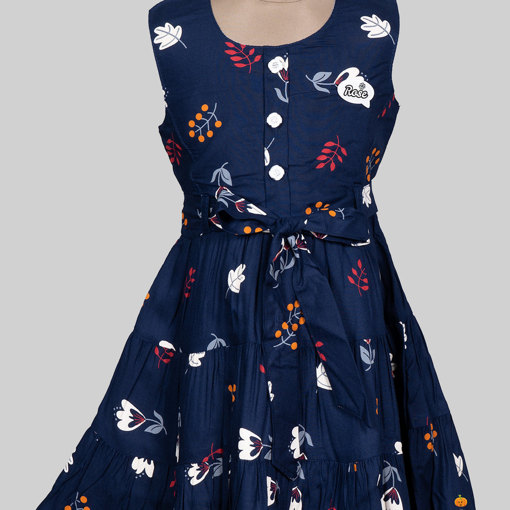 Navy Blue Leaf Print Cotton Frock for Girls Close Up