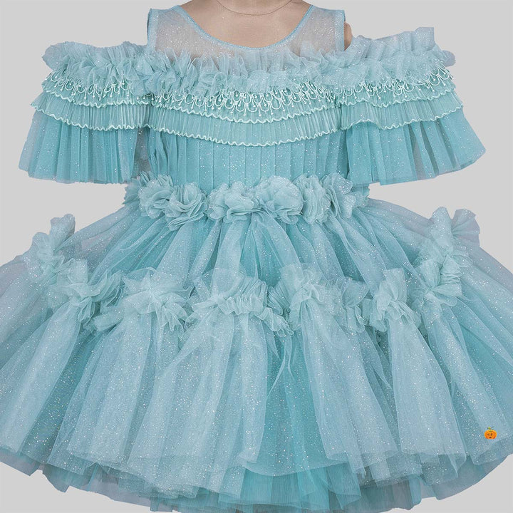 Sea Green Off Shoulder Frock for Girls Close Up 
