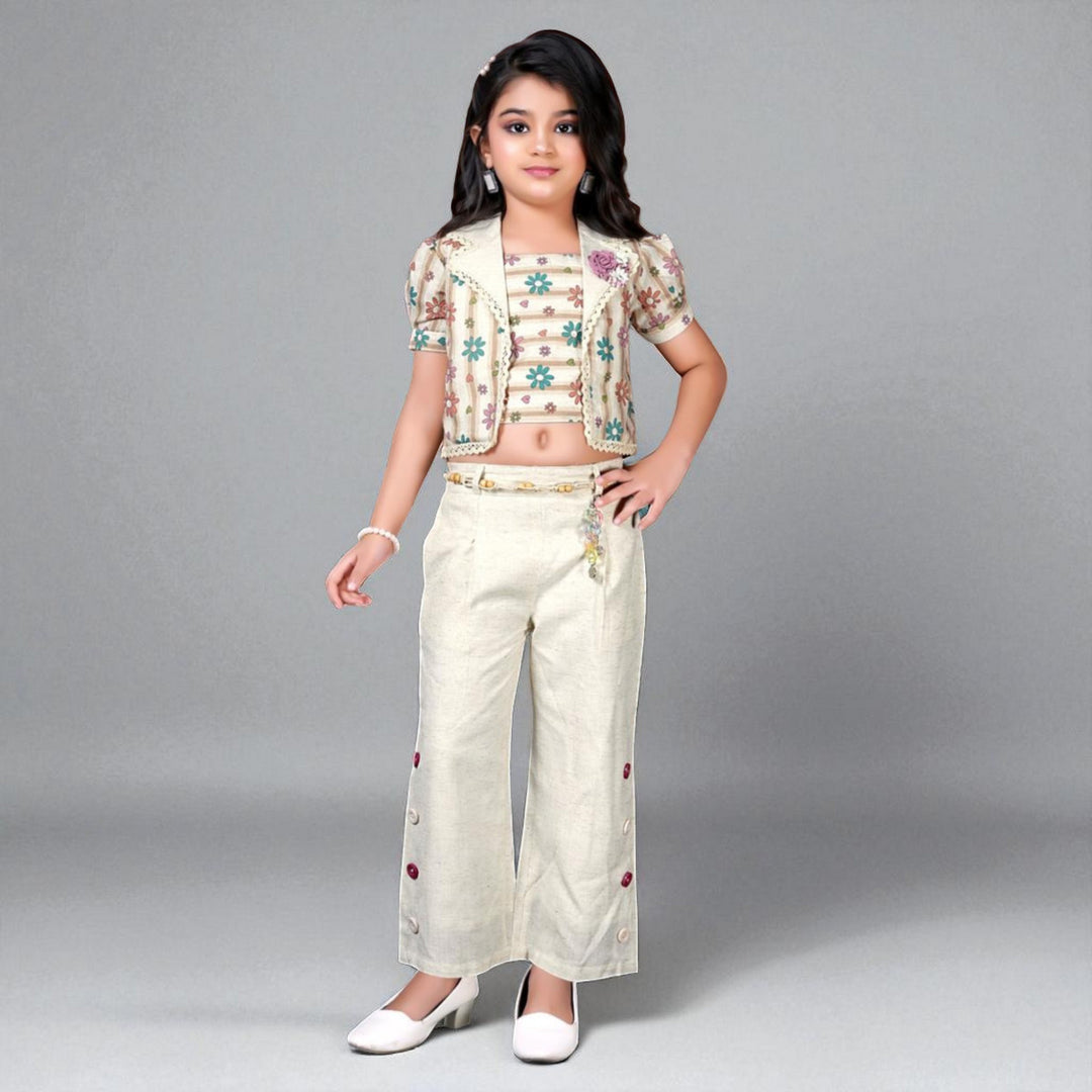 Cream Girls Co-ord Set with Floral Jacket