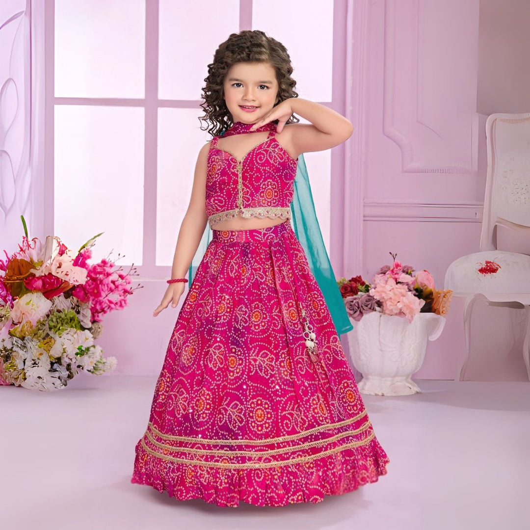 Rani Lehenga Choli for Girls with Bandhani Print