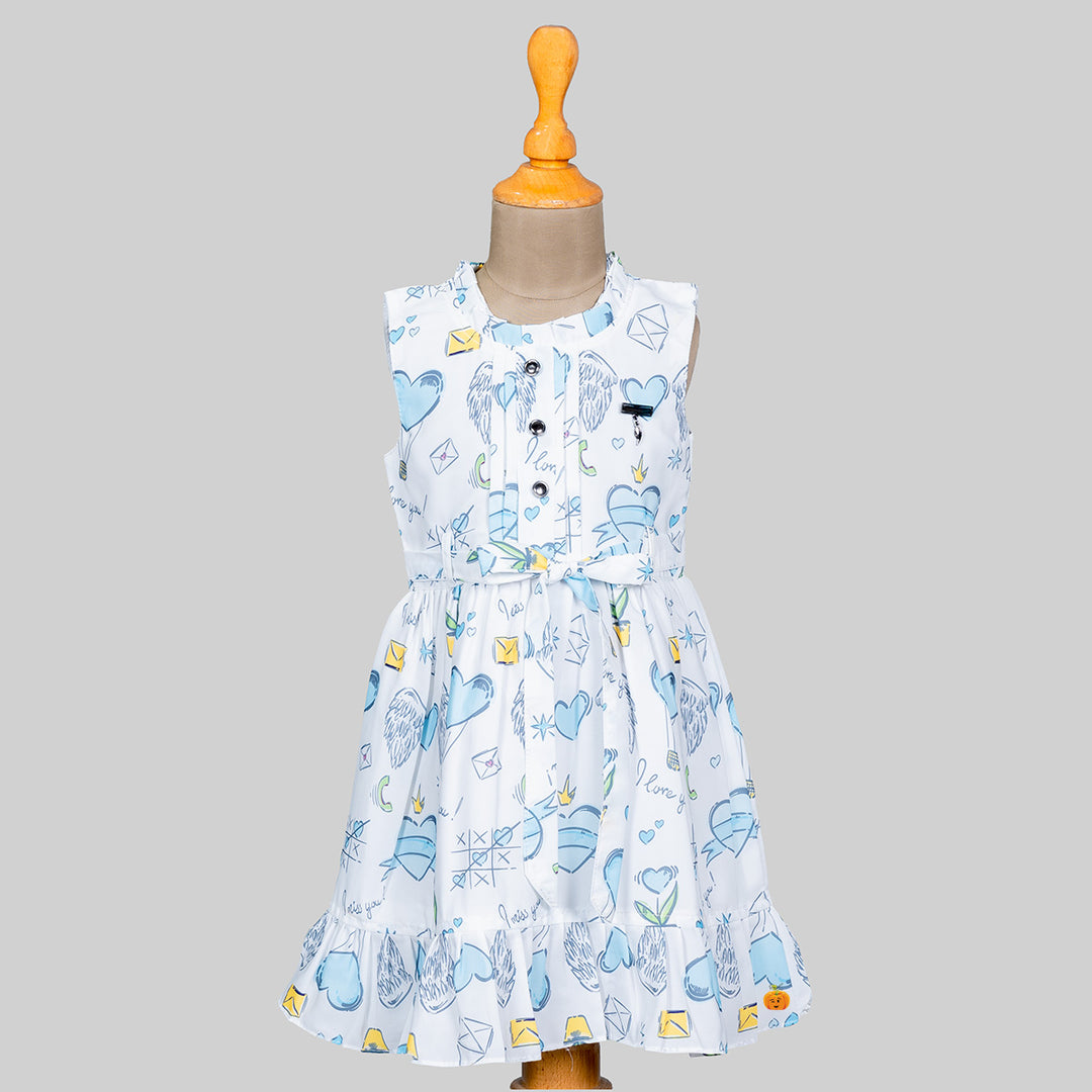 White Printed Cotton Frock for Girls Front 