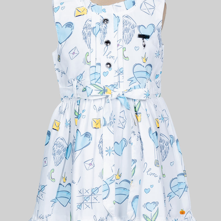 White Printed Cotton Frock for Girls Close Up 