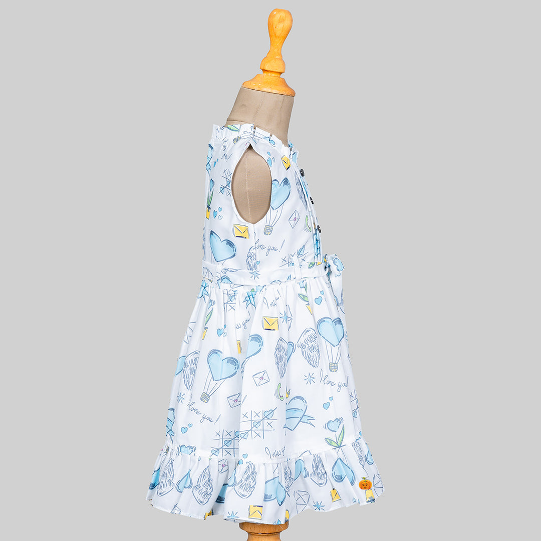White Printed Cotton Frock for Girls Side 