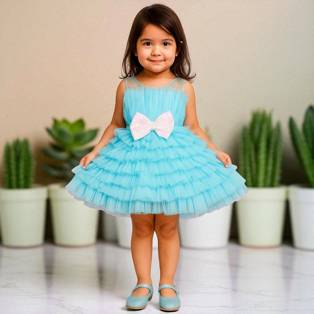 Peach & Turquoise Bow Net Frock for Girls