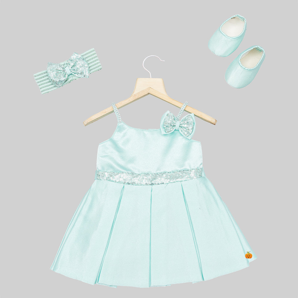 Sequin Bow Baby Frock with Shoes & Hairband Front 