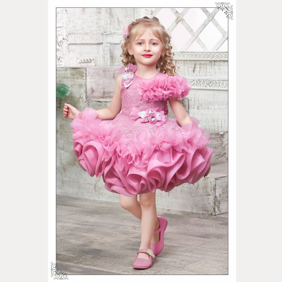 Pink Floral Applique Girls Frock Front 