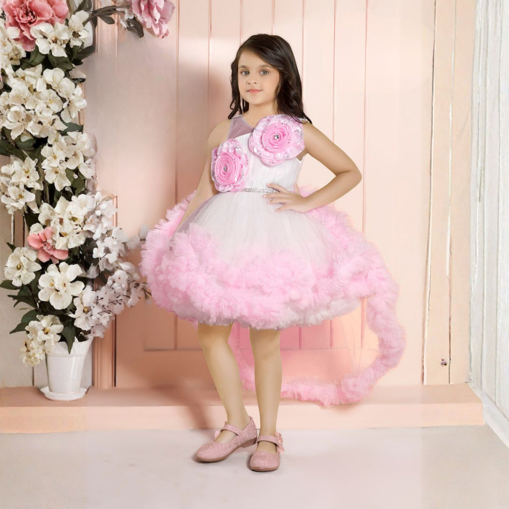 Pink Floral High-Low Party Girls Frock
