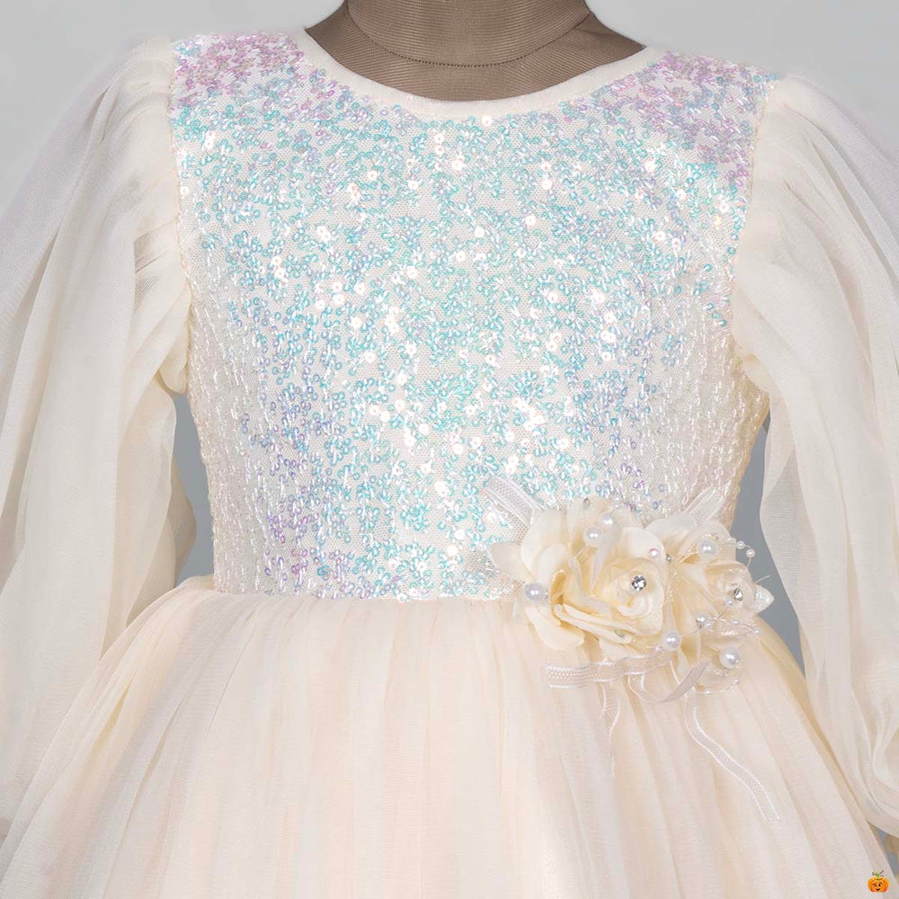 Cream Sequin Net Frock for Girls Close Up View