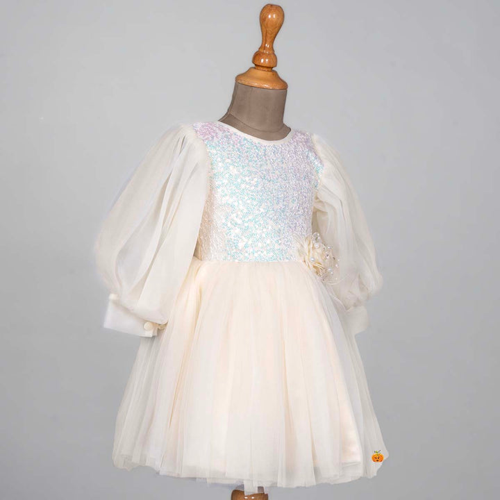Cream Sequin Net Frock for Girls Side View