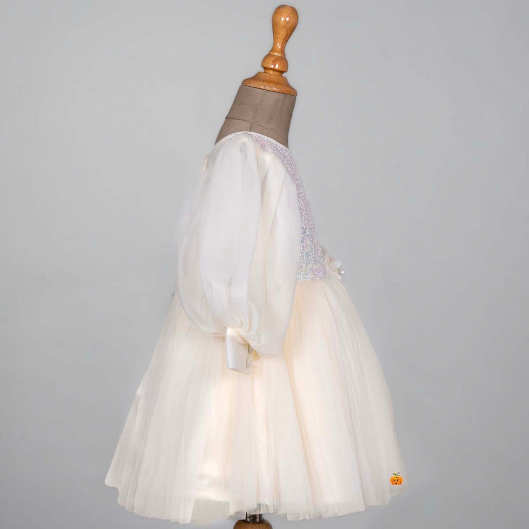 Cream Sequin Net Frock for Girls Side View