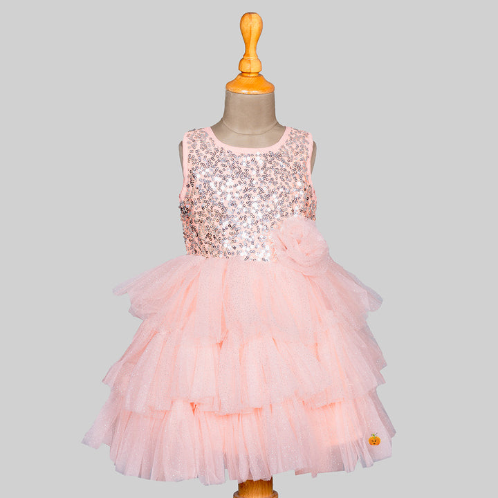 Tomato Sequin Layered Net Girls Frock Front 