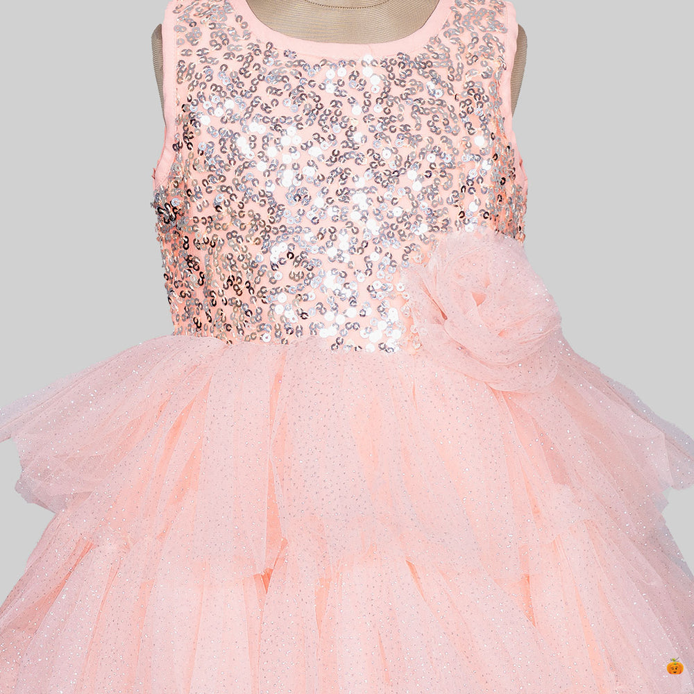 Tomato Sequin Layered Net Girls Frock Close Up 
