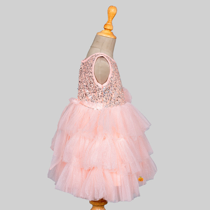 Tomato Sequin Layered Net Girls Frock Side