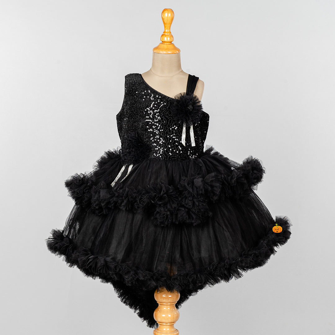 Black Sequin Layered Girls Frock Front 