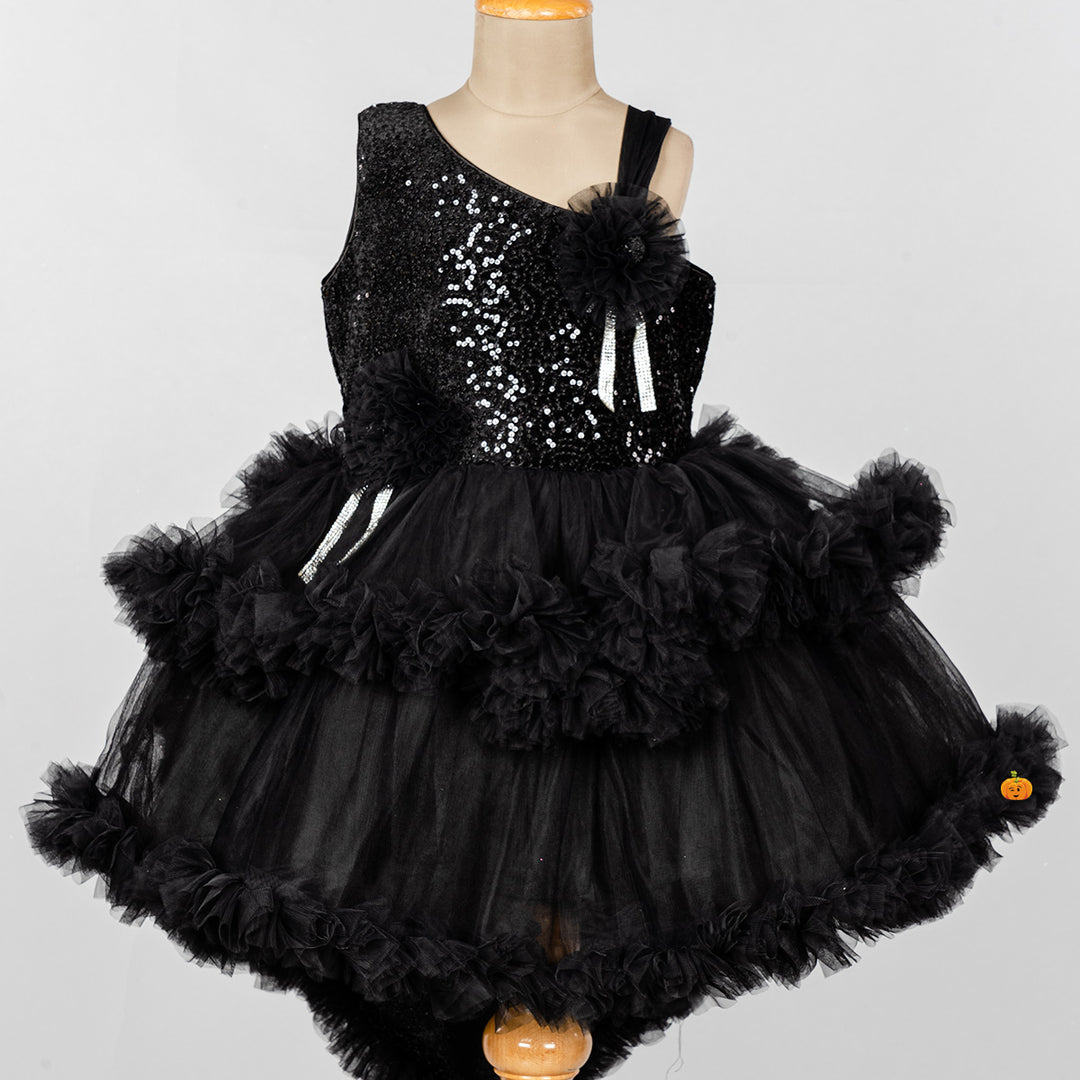Black Sequin Layered Girls Frock Close Up 