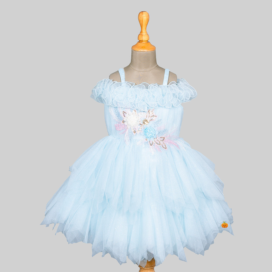Turquoise Off Shoulder Floral Pattern Girls Frock Front 