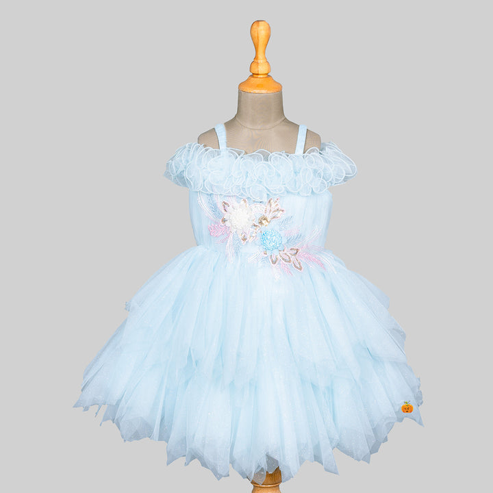 Turquoise Off Shoulder Floral Pattern Girls Frock Front 