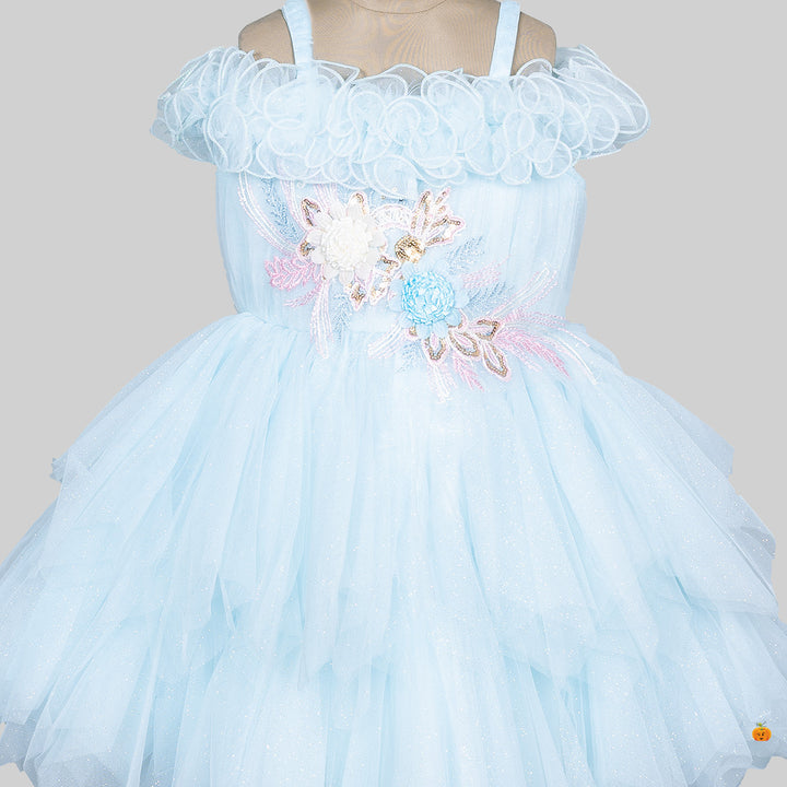 Turquoise Off Shoulder Floral Pattern Girls Frock Close Up 
