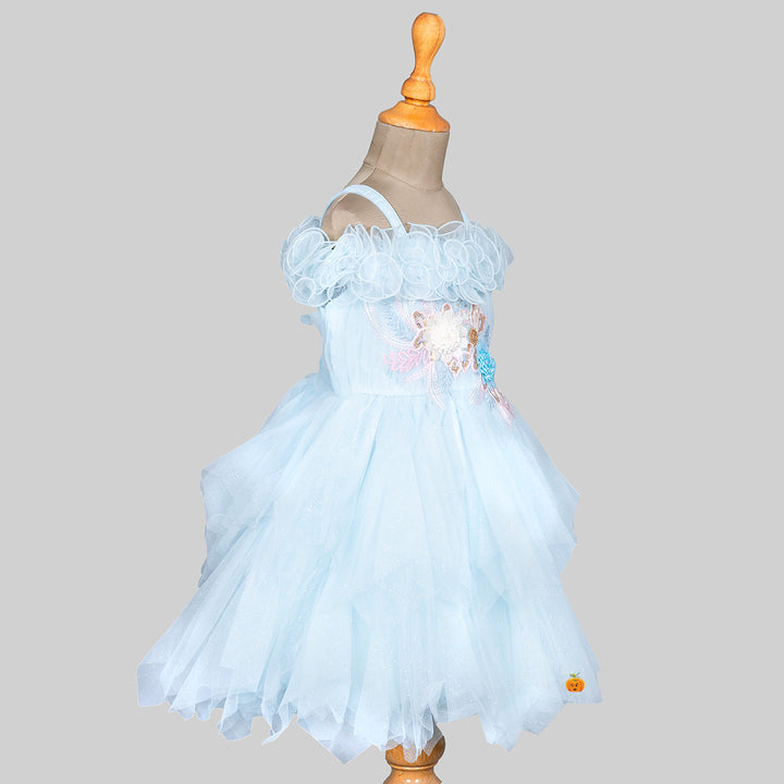 Turquoise Off Shoulder Floral Pattern Girls Frock Side 