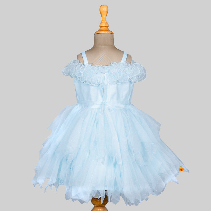 Turquoise Off Shoulder Floral Pattern Girls Frock Back 