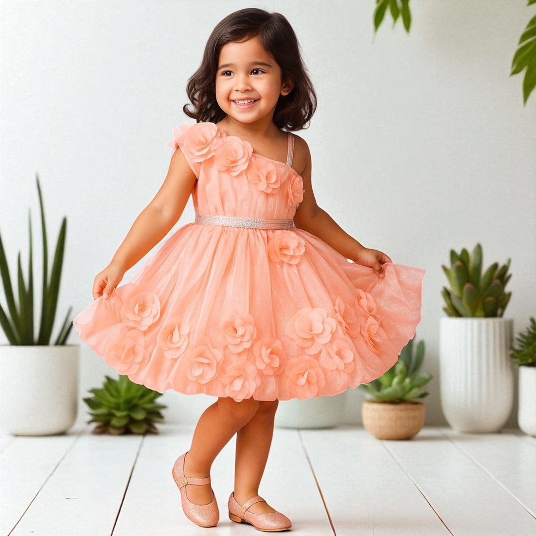 Buy Peach One-Shoulder Party Frock for Girls – Mumkins