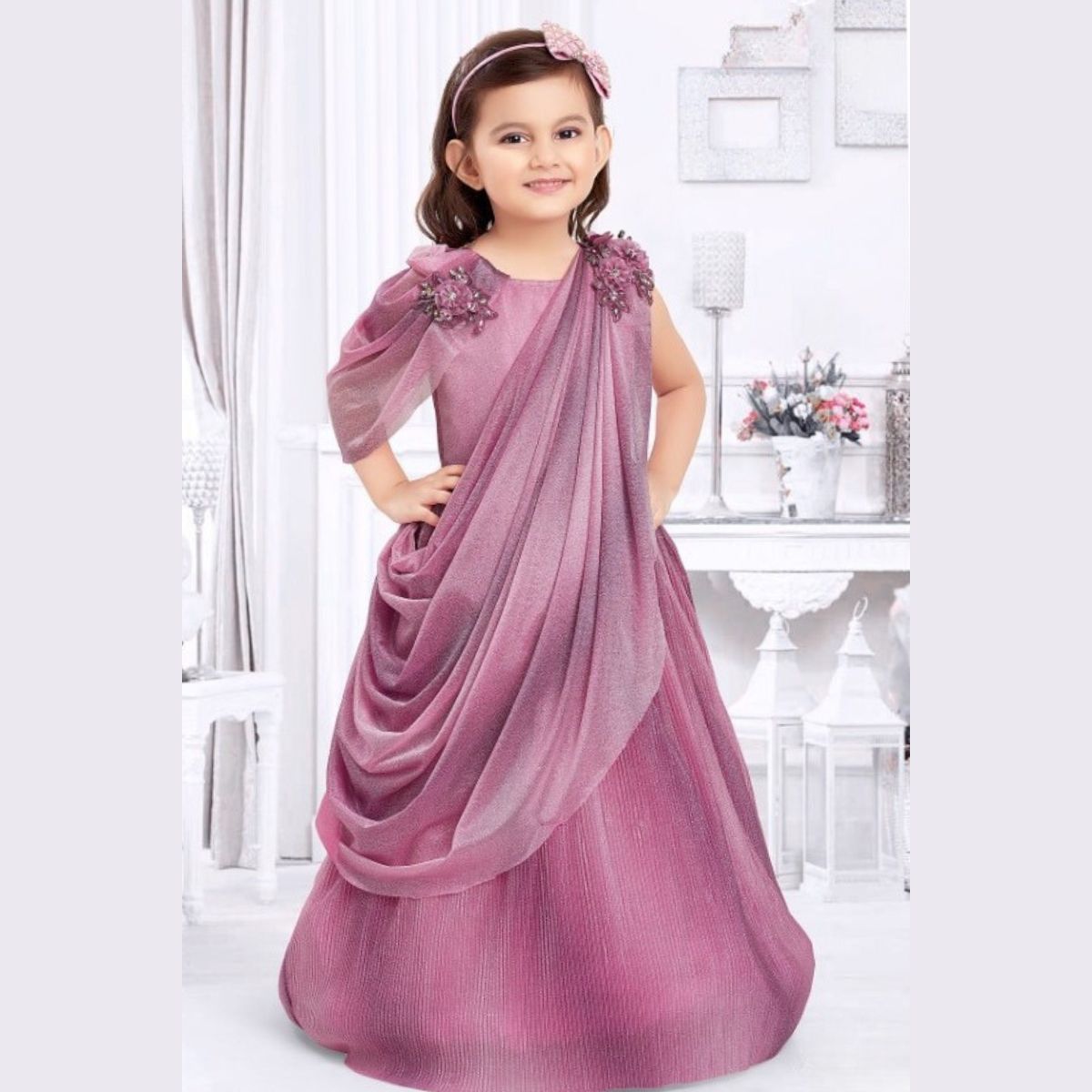 Apnisha Girls Net Embroidered Gown Dress (Green_28)