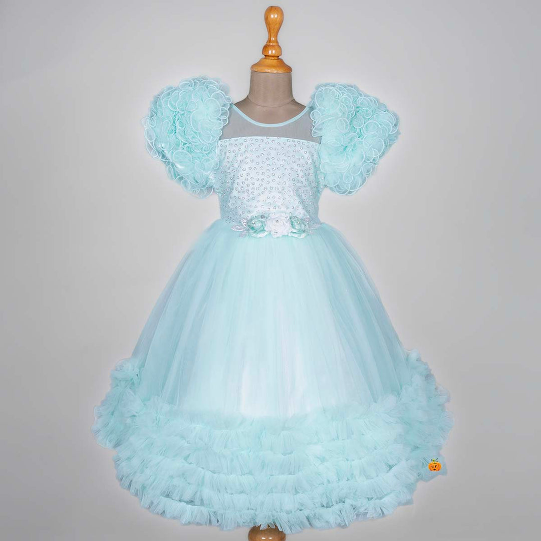 Sea Green Net Frill Girls Gown Front View