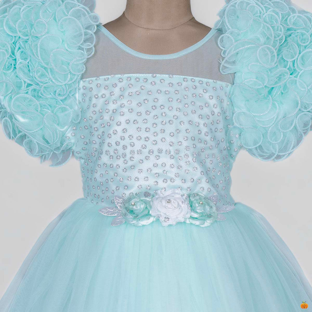 Sea Green Net Frill Girls Gown Close Up View