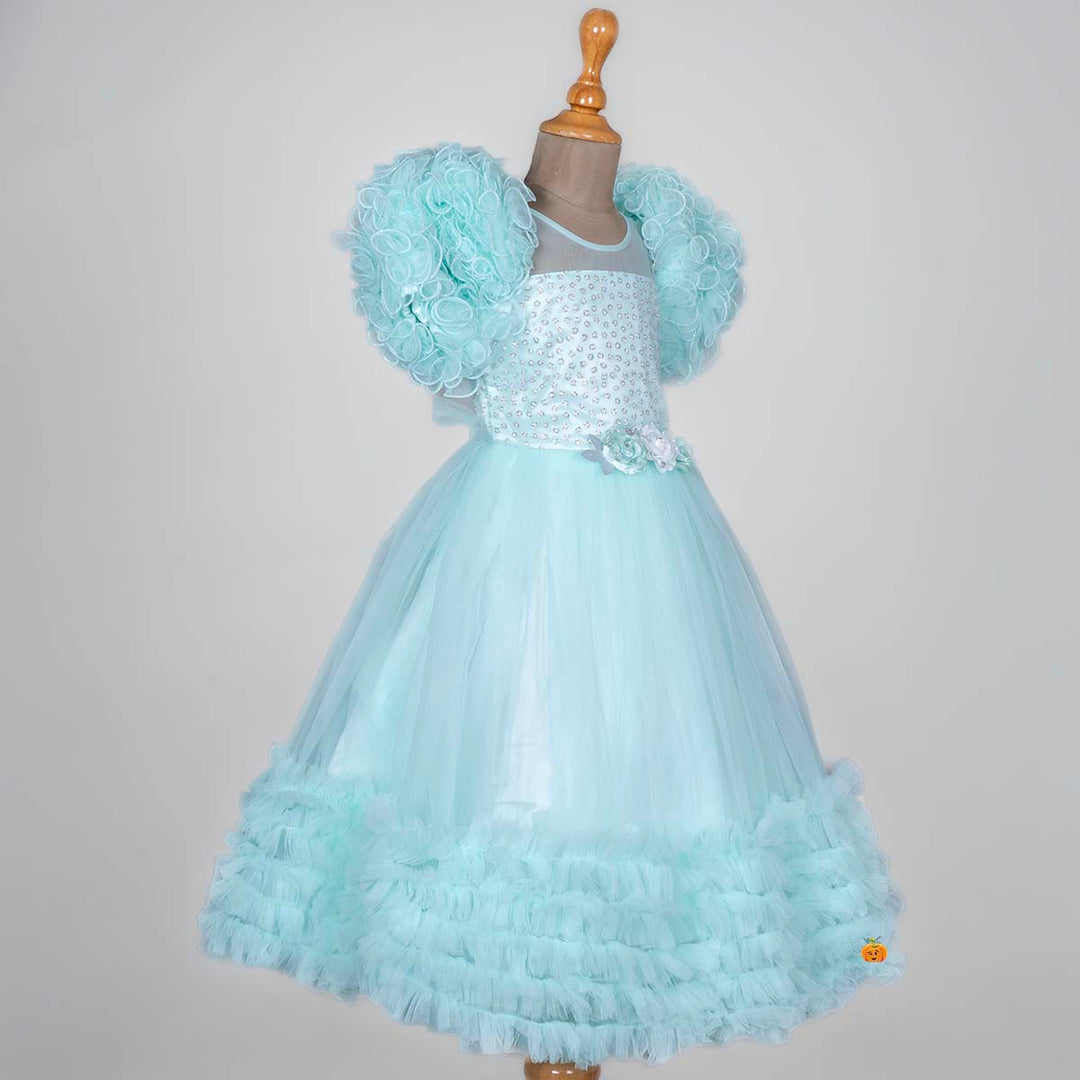 Sea Green Net Frill Girls Gown Side View