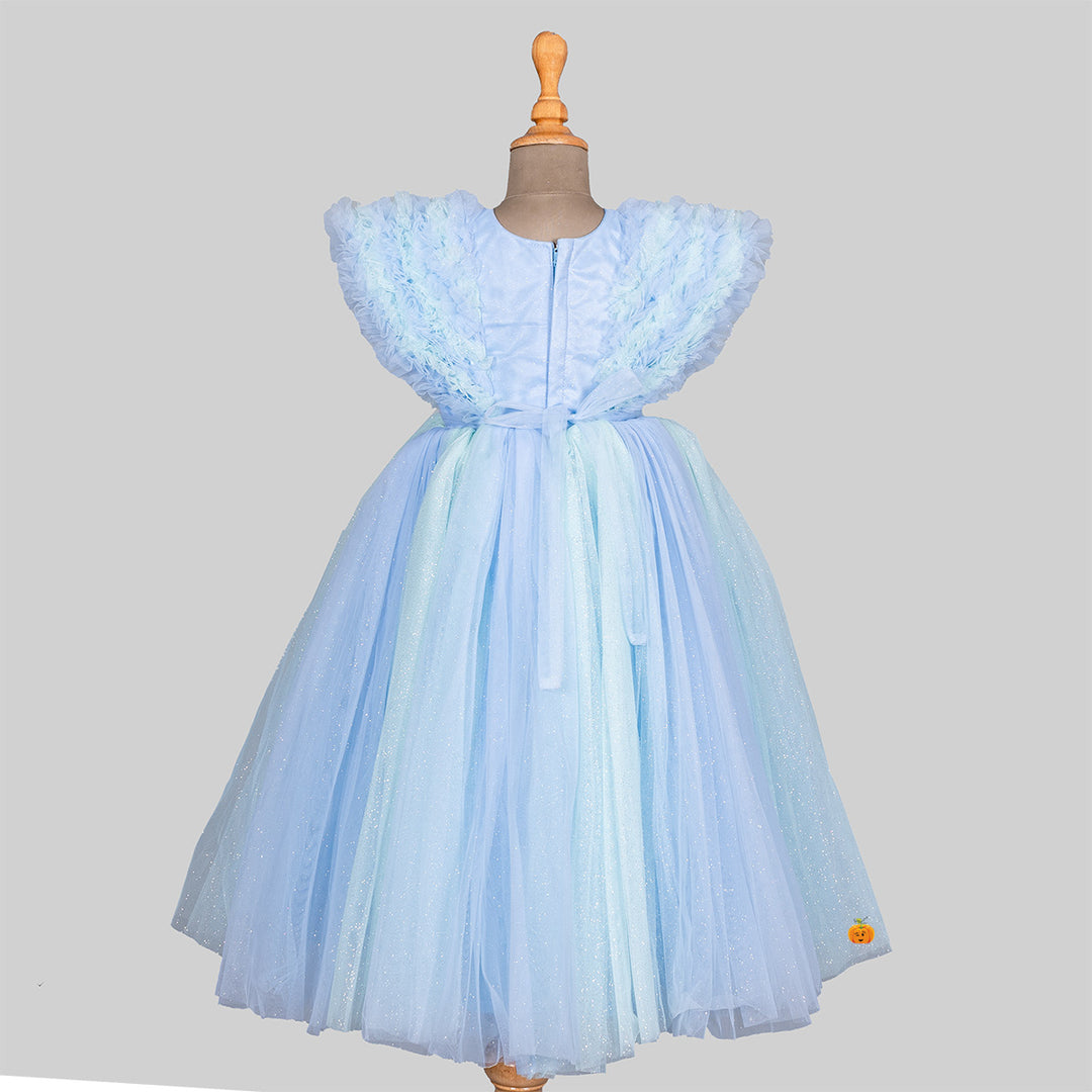 Blue Ruffle Sleeves Long Girlish Gown Back 