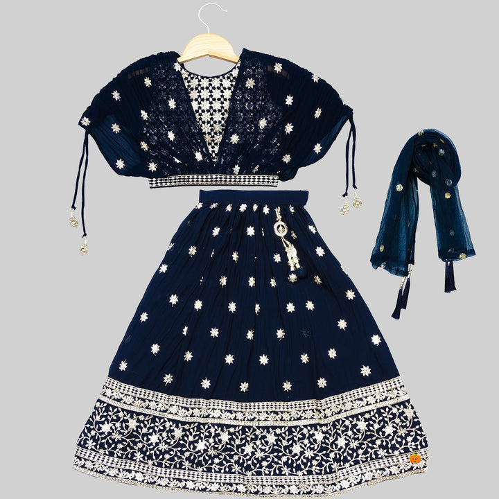 Navy Blue Golden Floral Girls Lehenga Choli Front View