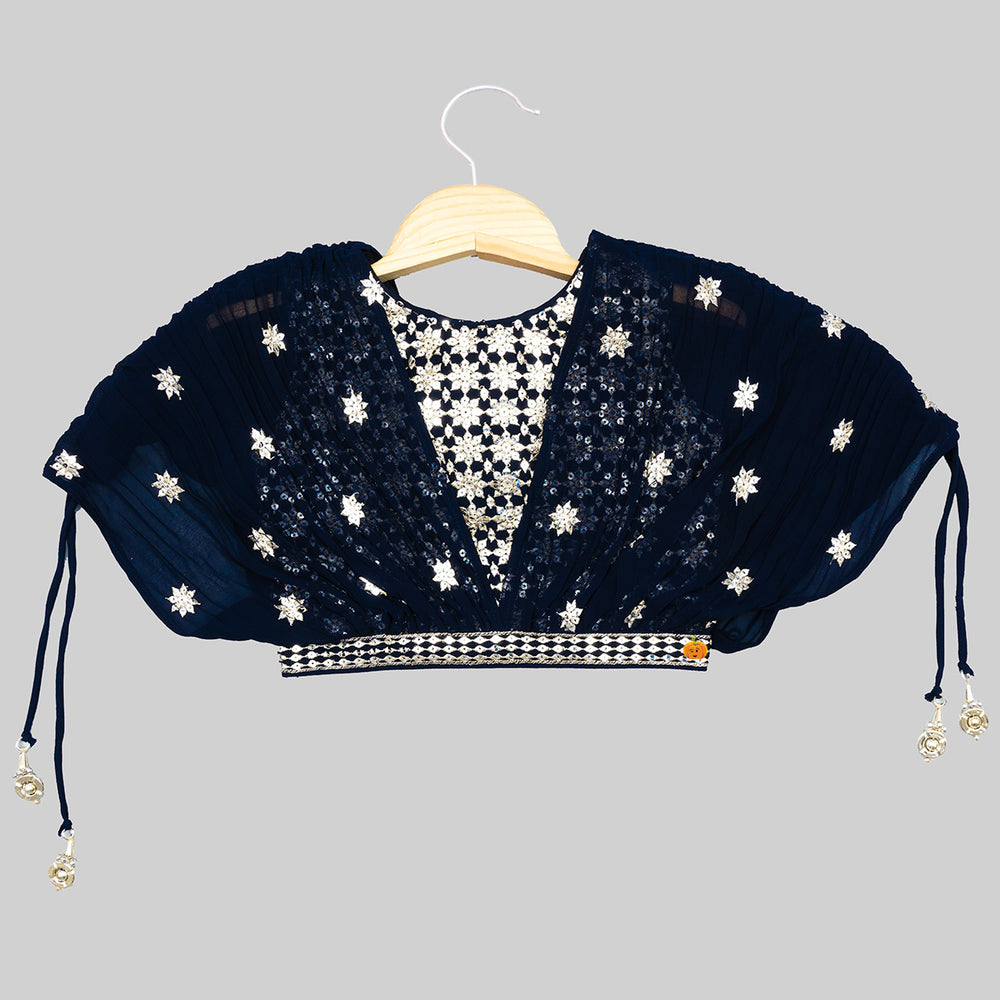 Navy Blue Golden Floral Girls Lehenga Choli Top View