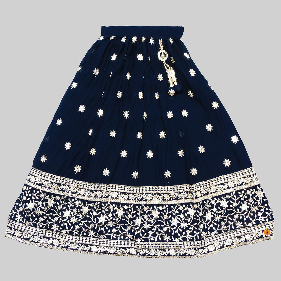 Navy Blue Golden Floral Girls Lehenga Choli Bottom View