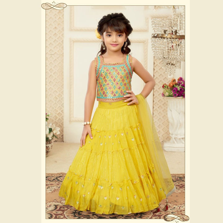 Yellow Mirror Work Lehenga Choli for Girls Front