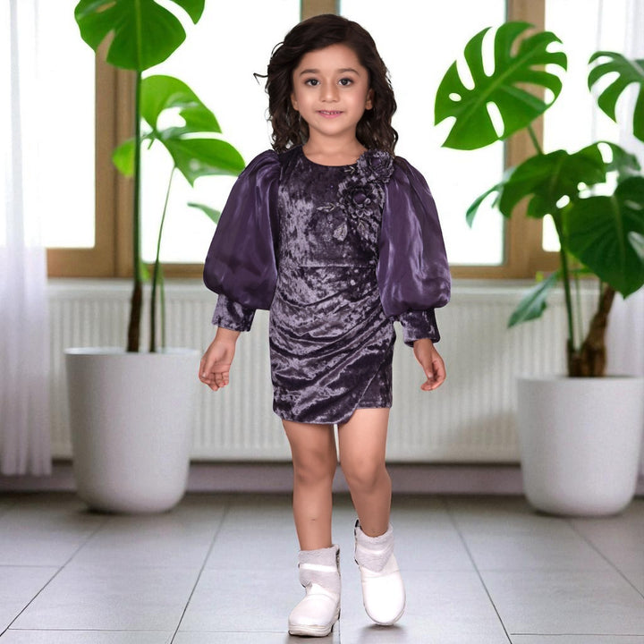 Purple Organza Sleeves Girls Midi