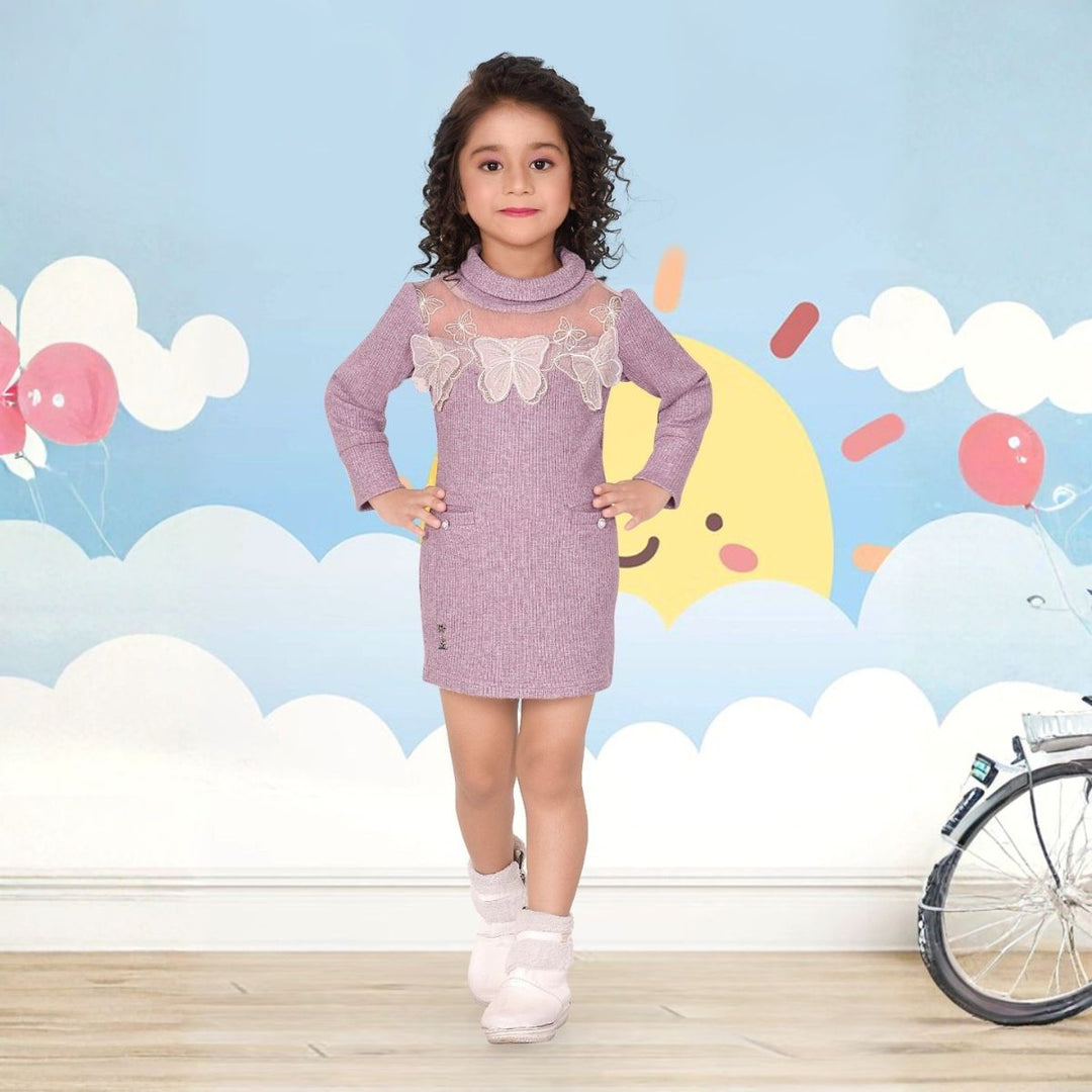 Purple Girls Midi Dress with Butterfly Detailing