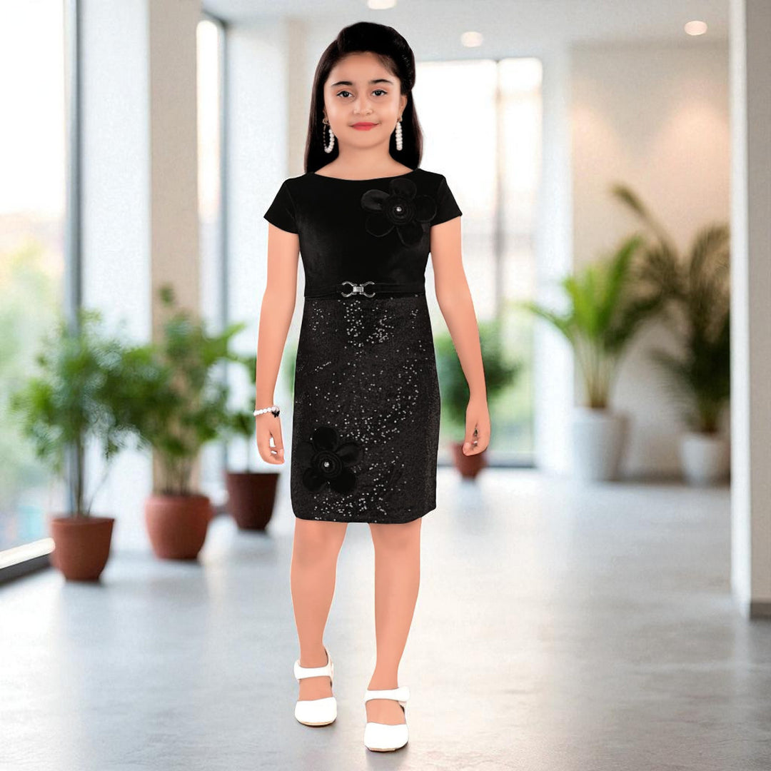 Black Sequin Girls Midi with Flower Applique