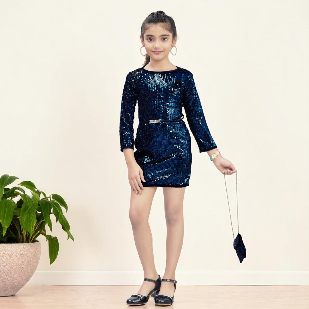 Navy Blue Sequin Girls Midi 