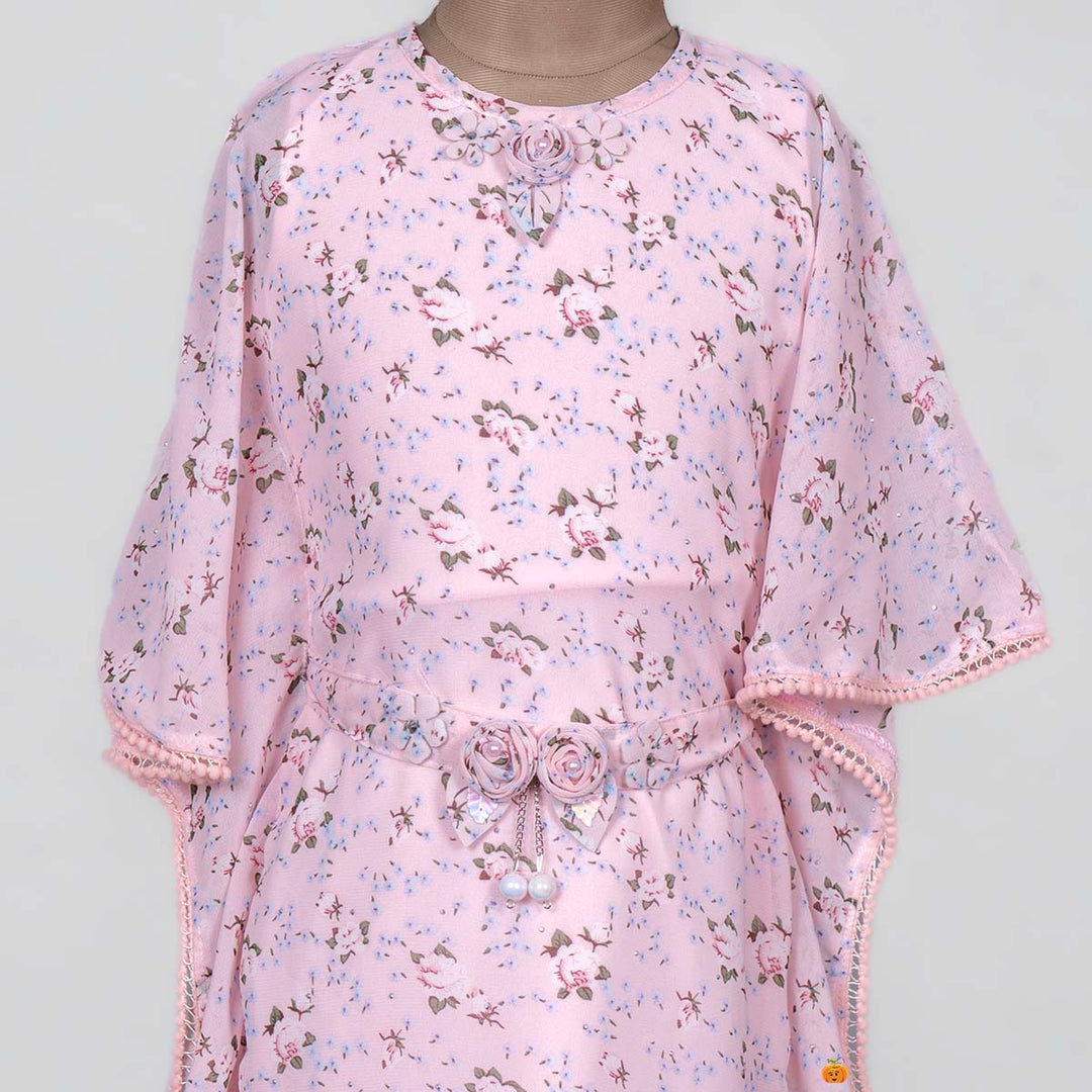 Pink Floral Kaftan Midi for Girls Close Up View