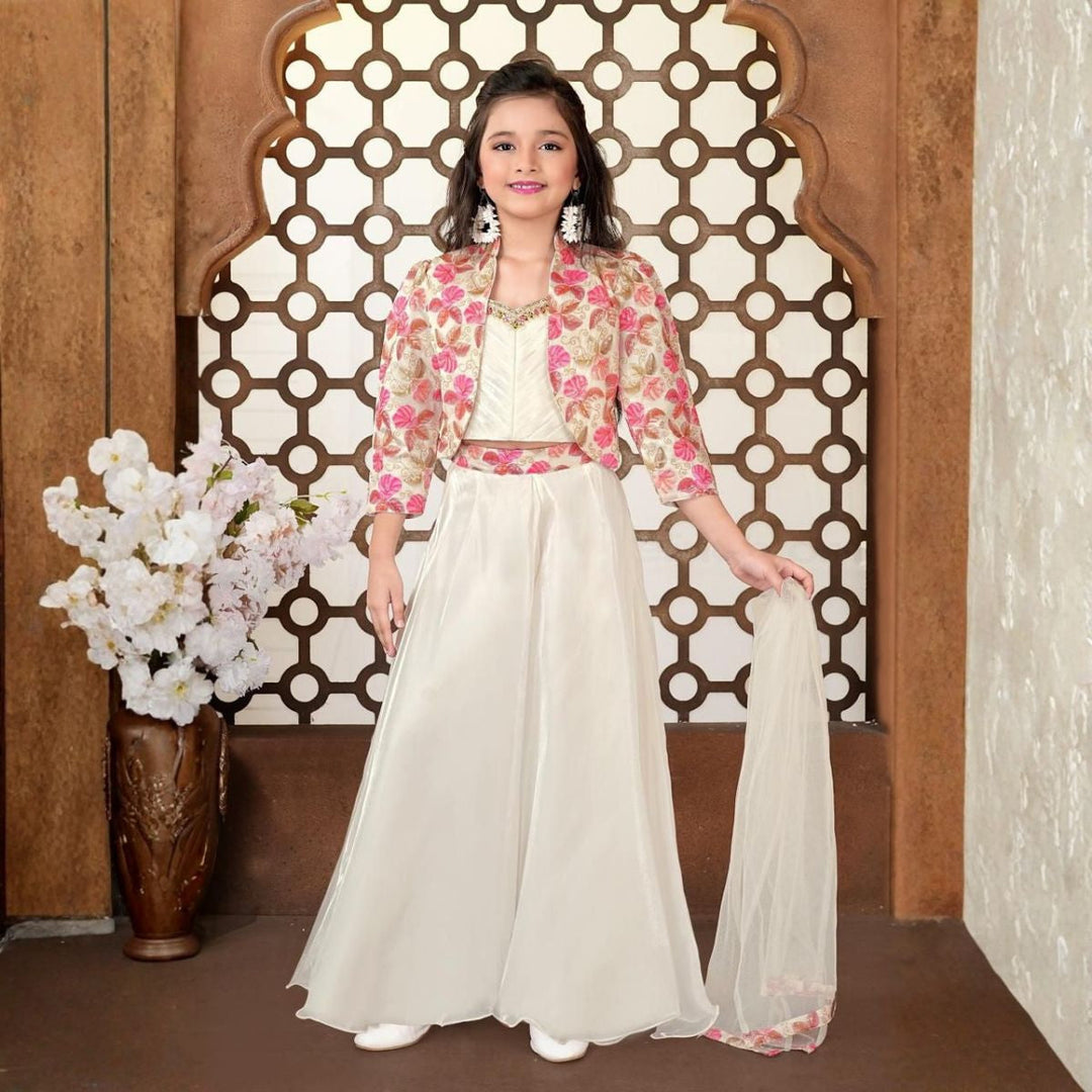 White Girls Palazzo Set with Embroidered Jacket